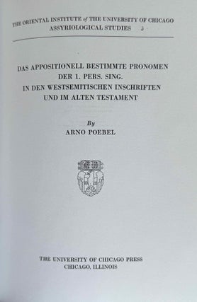 9 volumes of Assyriological studies, in XEROX. 1) Beiträge zum Assyrischen Wörterbuch, by Bruno Meissner. 2) The Sumerian prefix forms E- and I- in the time of the earlier princes from Lagas, by Arno Poebel. 3) Das appositionnel bestimmte Pronomen der 1. Pers. Sing. in den westsemitischen Inschriften und im Alten Testament, by Arno Poebel. 4) Beiträge zum Assyrischen Wörterbuch II, by Bruno Meissner. 5) Philological Notes on Eshnunna and its Inscriptions, by Thorkild Jakobsen. 6) The Sumerian prefix forms BE- and BI- in the time of the earlier princes from Lagas, by Samuel N. Kramer. 7) Studies in Akkadian Grammar, by Arno Poebel. 8) Lamentation over the Destruction of Ur, by Samuel N. Kramer. 9) The System of the Quadriliteral verb in Akkadian, by Alexander Heidel.