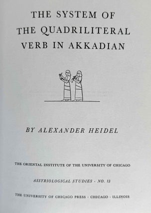 9 volumes of Assyriological studies, in XEROX. 1) Beiträge zum Assyrischen Wörterbuch, by Bruno Meissner. 2) The Sumerian prefix forms E- and I- in the time of the earlier princes from Lagas, by Arno Poebel. 3) Das appositionnel bestimmte Pronomen der 1. Pers. Sing. in den westsemitischen Inschriften und im Alten Testament, by Arno Poebel. 4) Beiträge zum Assyrischen Wörterbuch II, by Bruno Meissner. 5) Philological Notes on Eshnunna and its Inscriptions, by Thorkild Jakobsen. 6) The Sumerian prefix forms BE- and BI- in the time of the earlier princes from Lagas, by Samuel N. Kramer. 7) Studies in Akkadian Grammar, by Arno Poebel. 8) Lamentation over the Destruction of Ur, by Samuel N. Kramer. 9) The System of the Quadriliteral verb in Akkadian, by Alexander Heidel.