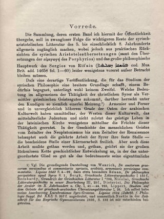 Syrisch-arabische Biographieen des Aristoteles. Syrische Commentare zur Eisagoge des Porphyrios. (Aristoteles bei den Syrern vom v.-viii. Jahrhundert. Syrische Texte, Band I).