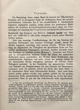 Syrisch-arabische Biographieen des Aristoteles. Syrische Commentare zur Eisagoge des Porphyrios. (Aristoteles bei den Syrern vom v.-viii. Jahrhundert. Syrische Texte, Band I).