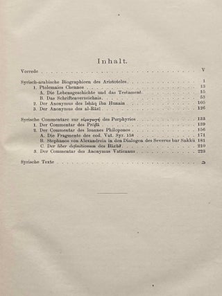 Syrisch-arabische Biographieen des Aristoteles. Syrische Commentare zur Eisagoge des Porphyrios. (Aristoteles bei den Syrern vom v.-viii. Jahrhundert. Syrische Texte, Band I).