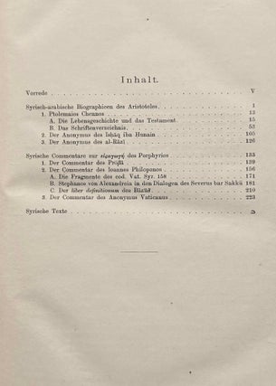 Syrisch-arabische Biographieen des Aristoteles. Syrische Commentare zur Eisagoge des Porphyrios. (Aristoteles bei den Syrern vom v.-viii. Jahrhundert. Syrische Texte, Band I).