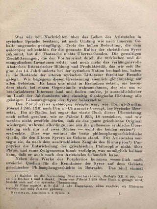 Syrisch-arabische Biographieen des Aristoteles. Syrische Commentare zur Eisagoge des Porphyrios. (Aristoteles bei den Syrern vom v.-viii. Jahrhundert. Syrische Texte, Band I).