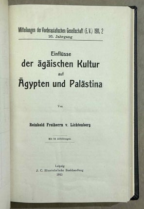 Set of 14 issues of the Mitteilungen der Vorderasiatischen Gesellschaft, two of which in XEROX. 1) Studien zur vorderasiatischen Geschichte, by W.M. Müller. 2) Studien zur vorderasiatischen Geschichte II. Die Urheimat der Philister. Der Papyrus Golenischeff. Die Chronologie der Philistereinwanderung, by W.M. Müller. 3) Neue Darstellungen „mykenischer" Gesandter und phönizischer Schiffe in altägyptischen Wandgemälden, by W.M. Müller. 4) Die Palästinaliste Thutmosis III., by W.M. Müller. 5) Einflüsse der ägäischen Kultur auf Ägypten und Palästina, by R. Lichtenberg. 6) Die Spuren der babylonischen Weltschrift in Ägypten, by W.M. Müller. 7) Drei Geister als Boten des Zauberers, by A. Erman. 8) Der Name der Phönizier bei Griechen und Ägyptern, by K. Sethe. 9) Königs Athothis asiatischer Feldzug, by L. Borchardt. 10) Die Entwicklung der Himmelgöttin Nut zu einer Totengottheit, by A. Rusch. 11) Die grosse Inschrift des Königs Neferhotep in Abydos. Ein Beitrag zur ägyptischen Religions- und Literaturgeschichte, by M. Pieper (in XEROX). 12) Statuen ägyptischer Königinnen im Anschluss an den Torso Amon-Erdas II, in Sydney untersucht, by G. Roeder (in XEROX). 13) Untersuchungen über die altägyptischen medizinischen Papyri. Teil I, by H. Grapow. 14) Untersuchungen über die altägyptischen medizinischen Papyri. Teil II, by H. Grapow.