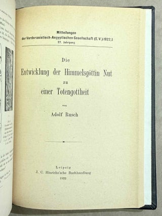 Set of 14 issues of the Mitteilungen der Vorderasiatischen Gesellschaft, two of which in XEROX. 1) Studien zur vorderasiatischen Geschichte, by W.M. M&uuml;ller. 2) Studien zur vorderasiatischen Geschichte II. Die Urheimat der Philister. Der Papyrus Golenischeff. Die Chronologie der Philistereinwanderung, by W.M. M&uuml;ller. 3) Neue Darstellungen &bdquo;mykenischer" Gesandter und ph&ouml;nizischer Schiffe in alt&auml;gyptischen Wandgem&auml;lden, by W.M. M&uuml;ller. 4) Die Pal&auml;stinaliste Thutmosis III., by W.M. M&uuml;ller. 5) Einfl&uuml;sse der &auml;g&auml;ischen Kultur auf &Auml;gypten und Pal&auml;stina, by R. Lichtenberg. 6) Die Spuren der babylonischen Weltschrift in &Auml;gypten, by W.M. M&uuml;ller. 7) Drei Geister als Boten des Zauberers, by A. Erman. 8) Der Name der Ph&ouml;nizier bei Griechen und &Auml;gyptern, by K. Sethe. 9) K&ouml;nigs Athothis asiatischer Feldzug, by L. Borchardt. 10) Die Entwicklung der Himmelg&ouml;ttin Nut zu einer Totengottheit, by A. Rusch. 11) Die grosse Inschrift des K&ouml;nigs Neferhotep in Abydos. Ein Beitrag zur &auml;gyptischen Religions- und Literaturgeschichte, by M. Pieper (in XEROX). 12) Statuen &auml;gyptischer K&ouml;niginnen im Anschluss an den Torso Amon-Erdas II, in Sydney untersucht, by G. Roeder (in XEROX). 13) Untersuchungen &uuml;ber die alt&auml;gyptischen medizinischen Papyri. Teil I, by H. Grapow. 14) Untersuchungen &uuml;ber die alt&auml;gyptischen medizinischen Papyri. Teil II, by H. Grapow.