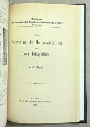 Set of 14 issues of the Mitteilungen der Vorderasiatischen Gesellschaft, two of which in XEROX. 1) Studien zur vorderasiatischen Geschichte, by W.M. Müller. 2) Studien zur vorderasiatischen Geschichte II. Die Urheimat der Philister. Der Papyrus Golenischeff. Die Chronologie der Philistereinwanderung, by W.M. Müller. 3) Neue Darstellungen „mykenischer" Gesandter und phönizischer Schiffe in altägyptischen Wandgemälden, by W.M. Müller. 4) Die Palästinaliste Thutmosis III., by W.M. Müller. 5) Einflüsse der ägäischen Kultur auf Ägypten und Palästina, by R. Lichtenberg. 6) Die Spuren der babylonischen Weltschrift in Ägypten, by W.M. Müller. 7) Drei Geister als Boten des Zauberers, by A. Erman. 8) Der Name der Phönizier bei Griechen und Ägyptern, by K. Sethe. 9) Königs Athothis asiatischer Feldzug, by L. Borchardt. 10) Die Entwicklung der Himmelgöttin Nut zu einer Totengottheit, by A. Rusch. 11) Die grosse Inschrift des Königs Neferhotep in Abydos. Ein Beitrag zur ägyptischen Religions- und Literaturgeschichte, by M. Pieper (in XEROX). 12) Statuen ägyptischer Königinnen im Anschluss an den Torso Amon-Erdas II, in Sydney untersucht, by G. Roeder (in XEROX). 13) Untersuchungen über die altägyptischen medizinischen Papyri. Teil I, by H. Grapow. 14) Untersuchungen über die altägyptischen medizinischen Papyri. Teil II, by H. Grapow.