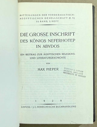 Set of 14 issues of the Mitteilungen der Vorderasiatischen Gesellschaft, two of which in XEROX. 1) Studien zur vorderasiatischen Geschichte, by W.M. Müller. 2) Studien zur vorderasiatischen Geschichte II. Die Urheimat der Philister. Der Papyrus Golenischeff. Die Chronologie der Philistereinwanderung, by W.M. Müller. 3) Neue Darstellungen „mykenischer" Gesandter und phönizischer Schiffe in altägyptischen Wandgemälden, by W.M. Müller. 4) Die Palästinaliste Thutmosis III., by W.M. Müller. 5) Einflüsse der ägäischen Kultur auf Ägypten und Palästina, by R. Lichtenberg. 6) Die Spuren der babylonischen Weltschrift in Ägypten, by W.M. Müller. 7) Drei Geister als Boten des Zauberers, by A. Erman. 8) Der Name der Phönizier bei Griechen und Ägyptern, by K. Sethe. 9) Königs Athothis asiatischer Feldzug, by L. Borchardt. 10) Die Entwicklung der Himmelgöttin Nut zu einer Totengottheit, by A. Rusch. 11) Die grosse Inschrift des Königs Neferhotep in Abydos. Ein Beitrag zur ägyptischen Religions- und Literaturgeschichte, by M. Pieper (in XEROX). 12) Statuen ägyptischer Königinnen im Anschluss an den Torso Amon-Erdas II, in Sydney untersucht, by G. Roeder (in XEROX). 13) Untersuchungen über die altägyptischen medizinischen Papyri. Teil I, by H. Grapow. 14) Untersuchungen über die altägyptischen medizinischen Papyri. Teil II, by H. Grapow.