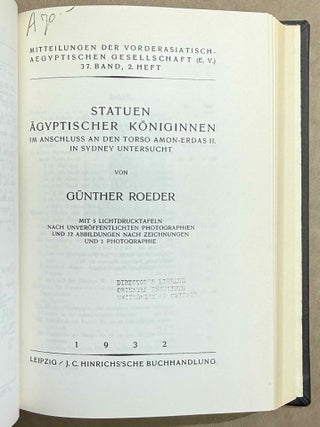 Set of 14 issues of the Mitteilungen der Vorderasiatischen Gesellschaft, two of which in XEROX. 1) Studien zur vorderasiatischen Geschichte, by W.M. M&uuml;ller. 2) Studien zur vorderasiatischen Geschichte II. Die Urheimat der Philister. Der Papyrus Golenischeff. Die Chronologie der Philistereinwanderung, by W.M. M&uuml;ller. 3) Neue Darstellungen &bdquo;mykenischer" Gesandter und ph&ouml;nizischer Schiffe in alt&auml;gyptischen Wandgem&auml;lden, by W.M. M&uuml;ller. 4) Die Pal&auml;stinaliste Thutmosis III., by W.M. M&uuml;ller. 5) Einfl&uuml;sse der &auml;g&auml;ischen Kultur auf &Auml;gypten und Pal&auml;stina, by R. Lichtenberg. 6) Die Spuren der babylonischen Weltschrift in &Auml;gypten, by W.M. M&uuml;ller. 7) Drei Geister als Boten des Zauberers, by A. Erman. 8) Der Name der Ph&ouml;nizier bei Griechen und &Auml;gyptern, by K. Sethe. 9) K&ouml;nigs Athothis asiatischer Feldzug, by L. Borchardt. 10) Die Entwicklung der Himmelg&ouml;ttin Nut zu einer Totengottheit, by A. Rusch. 11) Die grosse Inschrift des K&ouml;nigs Neferhotep in Abydos. Ein Beitrag zur &auml;gyptischen Religions- und Literaturgeschichte, by M. Pieper (in XEROX). 12) Statuen &auml;gyptischer K&ouml;niginnen im Anschluss an den Torso Amon-Erdas II, in Sydney untersucht, by G. Roeder (in XEROX). 13) Untersuchungen &uuml;ber die alt&auml;gyptischen medizinischen Papyri. Teil I, by H. Grapow. 14) Untersuchungen &uuml;ber die alt&auml;gyptischen medizinischen Papyri. Teil II, by H. Grapow.