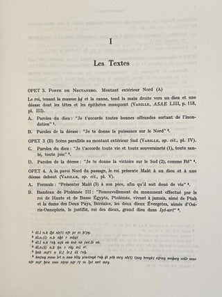 Les inscriptions du temple d'Opet à Karnak. Tome I (textes hiéroglyphiques). Tome II: Index, croquis de position et planches. Tome III: Traduction intégrale des textes rituels - Essai d’interprétation. (complete set)