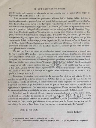 L’oryx dans l’ancienne Égypte. Suivi d’une étude "Le nom égyptien de l’oryx" par Victor Loret.