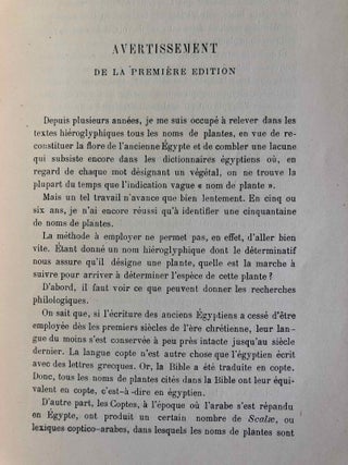 La flore pharaonique d’après les documents hiéroglyphiques et les spécimens découverts dans les tombes. 2e édition revue et augmentée, suivie de 6 index.