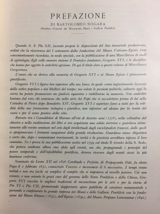 MISCELLANEA GREGORIANA. Raccolta di scritti pubblicati nel I Centenario dalla Fondazione del Pont. Museo Egizio (1839-1939). (Monumenti, Musei e Gallerie Pontificie.)…