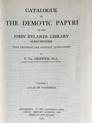 Catalogue of the demotic papyri in the John Rylands Library in Manchester. Vol. I: Atlas of Facsimiles. Vol. II: Hand-Copies of the ealier documents (Nos. I-IX). Vol. III: Key-list, translations, commentaries and indices (complete set)[newline]M2430-03.jpeg