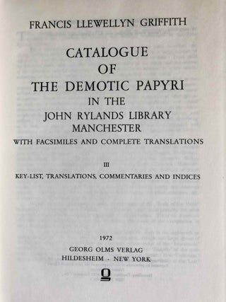 Catalogue of the demotic papyri in the John Rylands Library in Manchester. Vol. I: Atlas of Facsimiles. Vol. II: Hand-Copies of the ealier documents (Nos. I-IX). Vol. III: Key-list, translations, commentaries and indices (complete set)[newline]M2430-12.jpeg