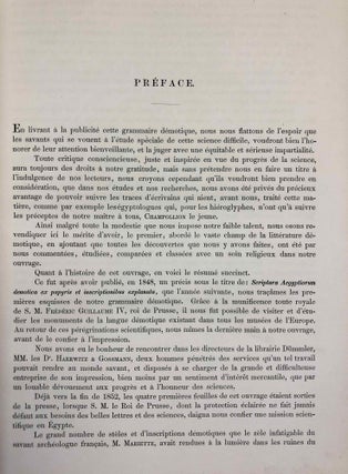 Grammaire démotique. Contenant les principes généraux de la langue et de l'écriture populaires des Anciens Egyptiens. Avec un tableau général des signes démotiques et dix planches y annexées.