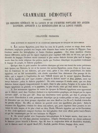 Grammaire démotique. Contenant les principes généraux de la langue et de l'écriture populaires des Anciens Egyptiens. Avec un tableau général des signes démotiques et dix planches y annexées.