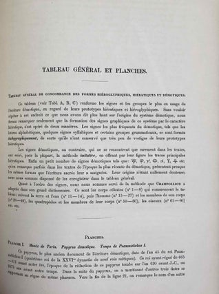 Grammaire démotique. Contenant les principes généraux de la langue et de l'écriture populaires des Anciens Egyptiens. Avec un tableau général des signes démotiques et dix planches y annexées.