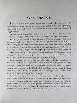 Papyrus Insinger. Tome I: Texte, transcription, traduction et commentaire. Tome II: Vocabulaire, étude historique et grammaticale (complete set). Les enseignements moraux d’un scribe égyptien du premier siècle après J.-C. Texte démotique avec transcription, traduction française, commentaire, vocabulaire et introduction grammaticale et littéraire.