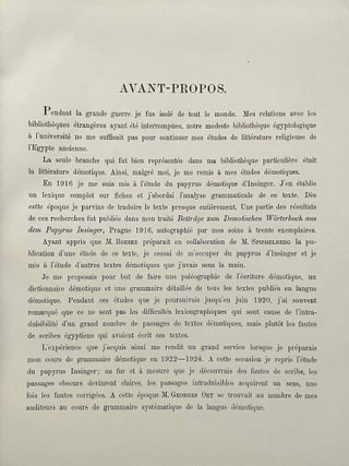 Papyrus Insinger. Tome I: Texte, transcription, traduction et commentaire. Tome II: Vocabulaire, étude historique et grammaticale (complete set). Les enseignements moraux d’un scribe égyptien du premier siècle après J.-C. Texte démotique avec transcription, traduction française, commentaire, vocabulaire et introduction grammaticale et littéraire.