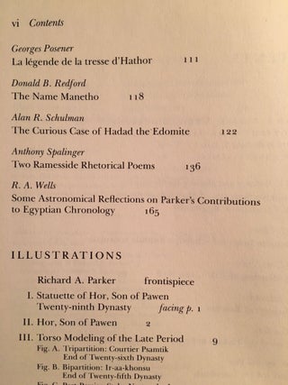 Festschrift Richard A. Parker. Egyptological Studies in Honor of Richard A. Parker. Presented on the occasion of his 78th birthday, December 10, 1983.. On the occasion of his 78th birthday, December 10, 1983. Edited by Leonard H. Lesko. Texts by 12 contributors, including B.V. Bothmer and H. de Meulenaere, J.J. Clère, I.E.S. Edwards, H. Goedicke, B.S. Lesko, L.H. Lesko.