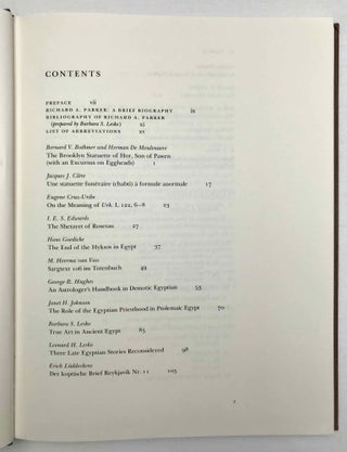 Festschrift Richard A. Parker. Egyptological Studies in Honor of Richard A. Parker. Presented on the occasion of his 78th birthday, December 10, 1983.. On the occasion of his 78th birthday, December 10, 1983. Edited by Leonard H. Lesko. Texts by 12 contributors, including B.V. Bothmer and H. de Meulenaere, J.J. Clère, I.E.S. Edwards, H. Goedicke, B.S. Lesko, L.H. Lesko.