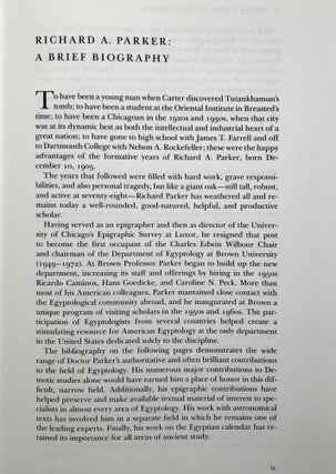 Festschrift Richard A. Parker. Egyptological Studies in Honor of Richard A. Parker. Presented on the occasion of his 78th birthday, December 10, 1983.. On the occasion of his 78th birthday, December 10, 1983. Edited by Leonard H. Lesko. Texts by 12 contributors, including B.V. Bothmer and H. de Meulenaere, J.J. Clère, I.E.S. Edwards, H. Goedicke, B.S. Lesko, L.H. Lesko.