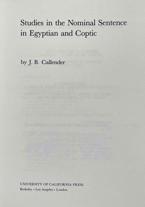 Studies in the Nominal Sentence in Egyptian and Coptic