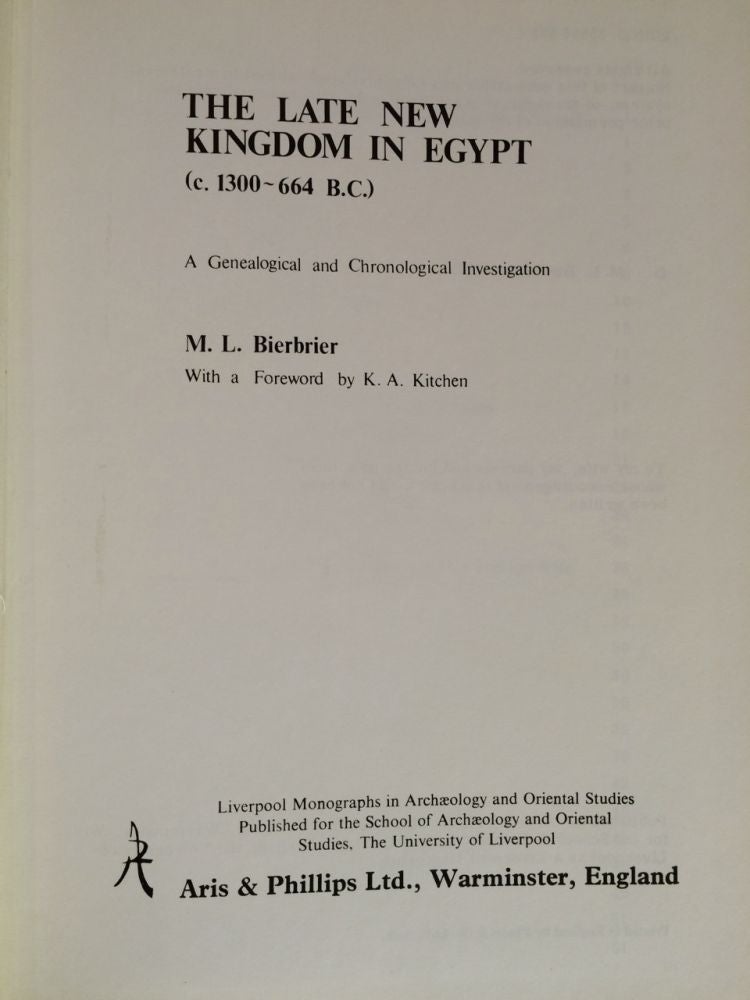 Item #M2857a The Late new kingdom in Egypt (c. 1300-664 B.C.), a genealogical and chronological investigation. BIERBRIER Morris.[newline]M2857a.jpg