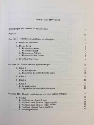 Elkab. Vol. I-VIII. Vol. I: Les monuments religieux à l'entrée de l'Ouady Hellal. Vol. II: L'Elkabien épipaléolithique de la Vallée du Nil égyptien. Vol. III: Les ostraca grecs. Vol. IV: Topographie (2 fascicles). Vol. V: The Naqada III Cemetery. Vol. VI,1 (Text) and VI,2 (Tafeln): Die Felsinschriften des Wadi Hilâl. Vol. VII: Die Barkenkapelle des Königs Sobekhotep III. in Elkab. Vol. VIII: La tombe de Setaou. Set of 8 volumes in 9 parts.
