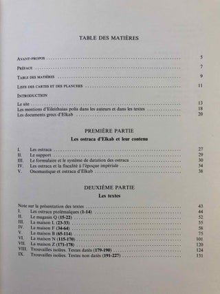 Elkab. Vol. I-VIII. Vol. I: Les monuments religieux à l'entrée de l'Ouady Hellal. Vol. II: L'Elkabien épipaléolithique de la Vallée du Nil égyptien. Vol. III: Les ostraca grecs. Vol. IV: Topographie (2 fascicles). Vol. V: The Naqada III Cemetery. Vol. VI,1 (Text) and VI,2 (Tafeln): Die Felsinschriften des Wadi Hilâl. Vol. VII: Die Barkenkapelle des Königs Sobekhotep III. in Elkab. Vol. VIII: La tombe de Setaou. Set of 8 volumes in 9 parts.