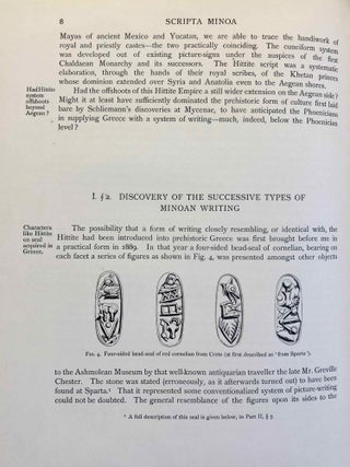 Scripta minoa. The written documents of Minoan Crete with special reference to the archives of Knossos. Volume I: The Hieroglyphic and Primitive Linear Classes with an account of the discovery of the pre-phoenician scripts, their place in Minoan story and their Mediterranean relations. Volume II: The Archives of Knossos. Clay tablets inscribed in linear script B (Complete set of two volumes).[newline]M3182c-13.jpg