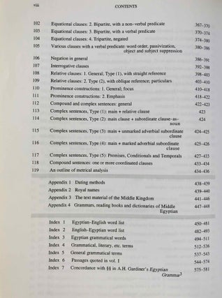 Egyptian. An introduction to the writing and language of the Middle Kingdom. Vol. I: Grammar, Syntax and Indexes. Vol. II: Sign Lists, Exercises and Reading Texts. (complete set)[newline]M3210a-06.jpeg