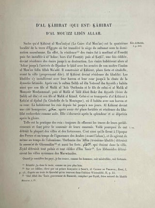 Maqrîzî - Livre des admonitions et de l'observation pour l'histoire des quartiers et des monuments (Kitâb al mawâ`idh wali`tib`ar fî dhikr al khitat walâthâr, in Description topographique et historique de l'Egypte, Tome IV)