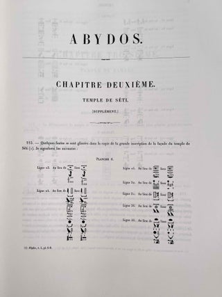 Abydos. Description des fouilles ex&eacute;cut&eacute;es sur l'emplacement de cette ville. Tome I: Ville antique - Temple de S&eacute;ti. Tome II: II. Temple de S&eacute;ti (suppl&eacute;ment). Temple de Rams&egrave;s. Temple d'Osiris. Petit temple de l'ouest. N&eacute;cropole. Tome III: Catalogue g&eacute;n&eacute;ral des monuments d'Abydos d&eacute;couverts pendant les fouilles de cette ville (complete set). Temple de S&eacute;ti (suppl&eacute;ment) - Temple de Rams&egrave;s - Temple d'Osiris - Petit temple de l'ouest - N&eacute;cropole[newline]M3573a-15.jpeg