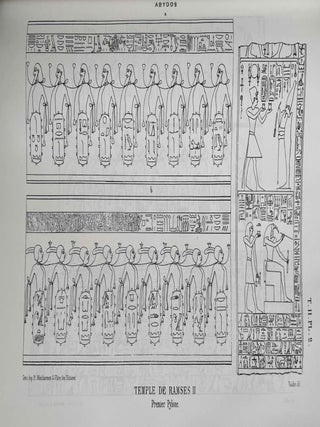 Abydos. Description des fouilles ex&eacute;cut&eacute;es sur l'emplacement de cette ville. Tome I: Ville antique - Temple de S&eacute;ti. Tome II: II. Temple de S&eacute;ti (suppl&eacute;ment). Temple de Rams&egrave;s. Temple d'Osiris. Petit temple de l'ouest. N&eacute;cropole. Tome III: Catalogue g&eacute;n&eacute;ral des monuments d'Abydos d&eacute;couverts pendant les fouilles de cette ville (complete set). Temple de S&eacute;ti (suppl&eacute;ment) - Temple de Rams&egrave;s - Temple d'Osiris - Petit temple de l'ouest - N&eacute;cropole[newline]M3573a-18.jpeg