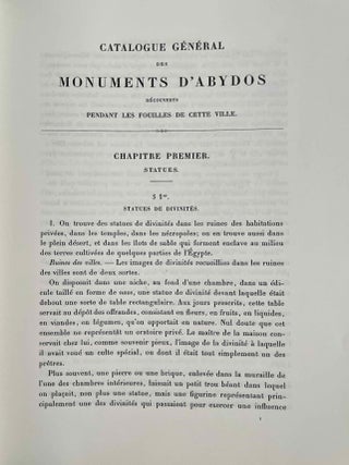 Abydos. Description des fouilles ex&eacute;cut&eacute;es sur l'emplacement de cette ville. Tome I: Ville antique - Temple de S&eacute;ti. Tome II: II. Temple de S&eacute;ti (suppl&eacute;ment). Temple de Rams&egrave;s. Temple d'Osiris. Petit temple de l'ouest. N&eacute;cropole. Tome III: Catalogue g&eacute;n&eacute;ral des monuments d'Abydos d&eacute;couverts pendant les fouilles de cette ville (complete set). Temple de S&eacute;ti (suppl&eacute;ment) - Temple de Rams&egrave;s - Temple d'Osiris - Petit temple de l'ouest - N&eacute;cropole[newline]M3573a-23.jpeg