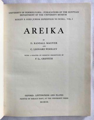 University of Pennsylvania, the Eckley B. Coxe Junior Expedition to Nubia, 8 volumes (complete set). Vol. I: Areika. Vol. II: Churches in Lower Nubia. Vol. III & IV: Karanog, the Romano-Nubian cemetery, text & plates. Vol. V: Karanog, the town. Vol. VI: Karanog, the meroitic inscriptions of Shablûl and Karanog. Vol. VII: Buhen, text. Vol. VIII: Buhen, plates.[newline]M3886c-04.jpg