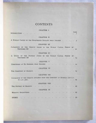 University of Pennsylvania, the Eckley B. Coxe Junior Expedition to Nubia, 8 volumes (complete set). Vol. I: Areika. Vol. II: Churches in Lower Nubia. Vol. III & IV: Karanog, the Romano-Nubian cemetery, text & plates. Vol. V: Karanog, the town. Vol. VI: Karanog, the meroitic inscriptions of Shablûl and Karanog. Vol. VII: Buhen, text. Vol. VIII: Buhen, plates.[newline]M3886c-05.jpg