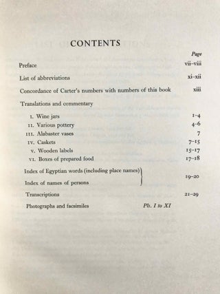 Tutankhamen's tomb series, 9 volumes. 1-A handlist to Howard Carter's catalogue of objects in Tutankhamun's tomb. 2-Hieratic inscriptions from the tomb of Tutankhamen. 3-Composite Bows from the Tomb of Tutankhamun. 4-Self bows and other archery tackle from the tomb of Tutankhamun. 5-The human remains from the tomb of Tutankhamun. 6-Musical instruments from the tomb of Tut'ankhamun. 7-Game-boxes and accessories from the tomb of Tutankhamun. 8-Chariots and Related Equipment from the Tomb of Tutankhamun. 9-Model boats from the tomb of Tut'ankhamûn.