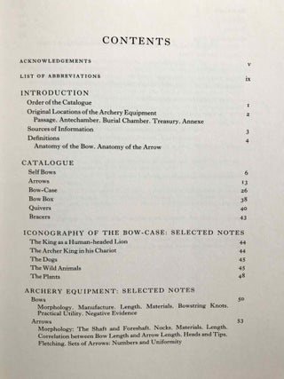 Tutankhamen's tomb series, 9 volumes. 1-A handlist to Howard Carter's catalogue of objects in Tutankhamun's tomb. 2-Hieratic inscriptions from the tomb of Tutankhamen. 3-Composite Bows from the Tomb of Tutankhamun. 4-Self bows and other archery tackle from the tomb of Tutankhamun. 5-The human remains from the tomb of Tutankhamun. 6-Musical instruments from the tomb of Tut'ankhamun. 7-Game-boxes and accessories from the tomb of Tutankhamun. 8-Chariots and Related Equipment from the Tomb of Tutankhamun. 9-Model boats from the tomb of Tut'ankhamûn.