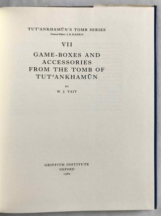 Tutankhamen's tomb series, 9 volumes. 1-A handlist to Howard Carter's catalogue of objects in Tutankhamun's tomb. 2-Hieratic inscriptions from the tomb of Tutankhamen. 3-Composite Bows from the Tomb of Tutankhamun. 4-Self bows and other archery tackle from the tomb of Tutankhamun. 5-The human remains from the tomb of Tutankhamun. 6-Musical instruments from the tomb of Tut'ankhamun. 7-Game-boxes and accessories from the tomb of Tutankhamun. 8-Chariots and Related Equipment from the Tomb of Tutankhamun. 9-Model boats from the tomb of Tut'ankhamûn.