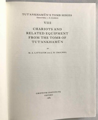 Tutankhamen's tomb series, 9 volumes. 1-A handlist to Howard Carter's catalogue of objects in Tutankhamun's tomb. 2-Hieratic inscriptions from the tomb of Tutankhamen. 3-Composite Bows from the Tomb of Tutankhamun. 4-Self bows and other archery tackle from the tomb of Tutankhamun. 5-The human remains from the tomb of Tutankhamun. 6-Musical instruments from the tomb of Tut'ankhamun. 7-Game-boxes and accessories from the tomb of Tutankhamun. 8-Chariots and Related Equipment from the Tomb of Tutankhamun. 9-Model boats from the tomb of Tut'ankhamûn.