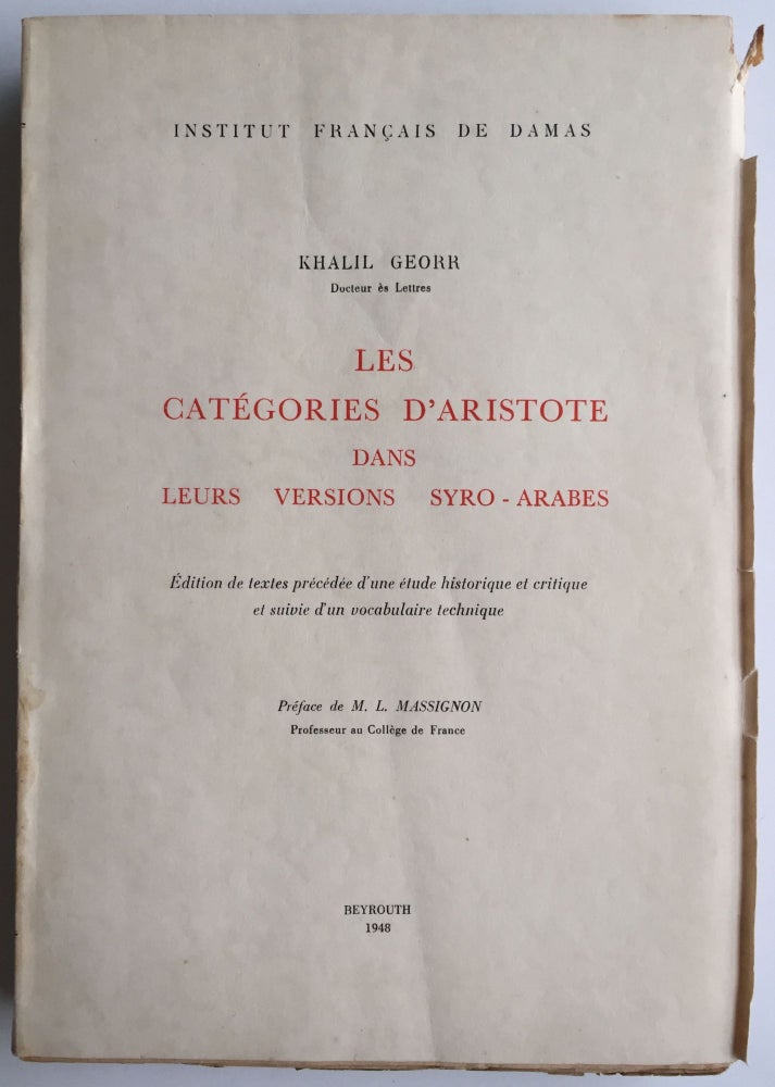 Item #M4603 Les catégories d'Aristote dans leurs versions syro-arabes. GEORR Khalil.[newline]M4603.jpg