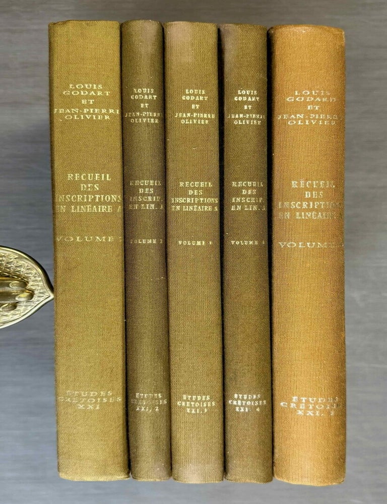 Item #M4767g Recueil des inscriptions en lin&eacute;aire A. Vol. 1: Tablettes &eacute;dit&eacute;es avant 1970. Vol. 2: Nodules, Scell&eacute;s et Rondelles &eacute;dit&eacute;s avant 1970. Vol. 3: Tablettes, nodules et rondelles &eacute;dit&eacute;s en 1975 et 1976. Vol. 4: Autres Documents. Vol. 5: Addenda, Corrigenda, Concordances, Index et Planches des signes (complete set). GODART Louis - OLIVIER Jean-Pierre.[newline]M4767g-00.jpeg