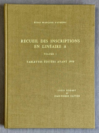 Recueil des inscriptions en lin&eacute;aire A. Vol. 1: Tablettes &eacute;dit&eacute;es avant 1970. Vol. 2: Nodules, Scell&eacute;s et Rondelles &eacute;dit&eacute;s avant 1970. Vol. 3: Tablettes, nodules et rondelles &eacute;dit&eacute;s en 1975 et 1976. Vol. 4: Autres Documents. Vol. 5: Addenda, Corrigenda, Concordances, Index et Planches des signes (complete set)[newline]M4767g-01.jpeg