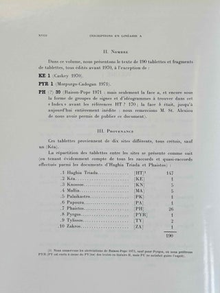 Recueil des inscriptions en lin&eacute;aire A. Vol. 1: Tablettes &eacute;dit&eacute;es avant 1970. Vol. 2: Nodules, Scell&eacute;s et Rondelles &eacute;dit&eacute;s avant 1970. Vol. 3: Tablettes, nodules et rondelles &eacute;dit&eacute;s en 1975 et 1976. Vol. 4: Autres Documents. Vol. 5: Addenda, Corrigenda, Concordances, Index et Planches des signes (complete set)[newline]M4767g-04.jpeg