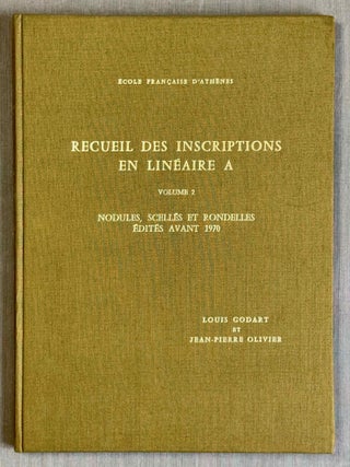Recueil des inscriptions en lin&eacute;aire A. Vol. 1: Tablettes &eacute;dit&eacute;es avant 1970. Vol. 2: Nodules, Scell&eacute;s et Rondelles &eacute;dit&eacute;s avant 1970. Vol. 3: Tablettes, nodules et rondelles &eacute;dit&eacute;s en 1975 et 1976. Vol. 4: Autres Documents. Vol. 5: Addenda, Corrigenda, Concordances, Index et Planches des signes (complete set)[newline]M4767g-08.jpeg