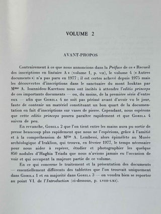 Recueil des inscriptions en lin&eacute;aire A. Vol. 1: Tablettes &eacute;dit&eacute;es avant 1970. Vol. 2: Nodules, Scell&eacute;s et Rondelles &eacute;dit&eacute;s avant 1970. Vol. 3: Tablettes, nodules et rondelles &eacute;dit&eacute;s en 1975 et 1976. Vol. 4: Autres Documents. Vol. 5: Addenda, Corrigenda, Concordances, Index et Planches des signes (complete set)[newline]M4767g-11.jpeg