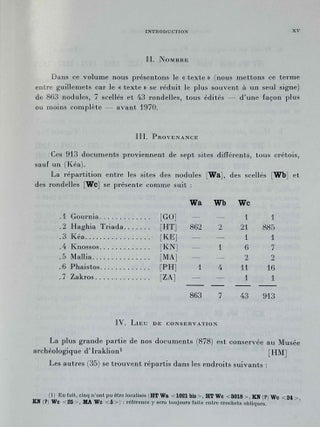 Recueil des inscriptions en lin&eacute;aire A. Vol. 1: Tablettes &eacute;dit&eacute;es avant 1970. Vol. 2: Nodules, Scell&eacute;s et Rondelles &eacute;dit&eacute;s avant 1970. Vol. 3: Tablettes, nodules et rondelles &eacute;dit&eacute;s en 1975 et 1976. Vol. 4: Autres Documents. Vol. 5: Addenda, Corrigenda, Concordances, Index et Planches des signes (complete set)[newline]M4767g-12.jpeg