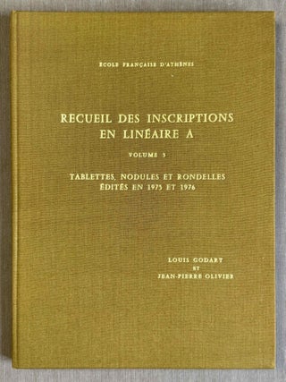 Recueil des inscriptions en lin&eacute;aire A. Vol. 1: Tablettes &eacute;dit&eacute;es avant 1970. Vol. 2: Nodules, Scell&eacute;s et Rondelles &eacute;dit&eacute;s avant 1970. Vol. 3: Tablettes, nodules et rondelles &eacute;dit&eacute;s en 1975 et 1976. Vol. 4: Autres Documents. Vol. 5: Addenda, Corrigenda, Concordances, Index et Planches des signes (complete set)[newline]M4767g-15.jpeg